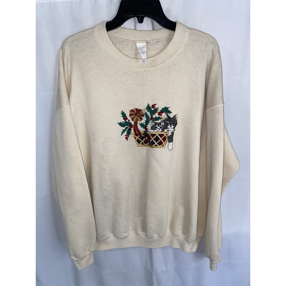 Vintage Christmas Cat Kitty Kitten Embroidered Sweatshirt XL Made In USA